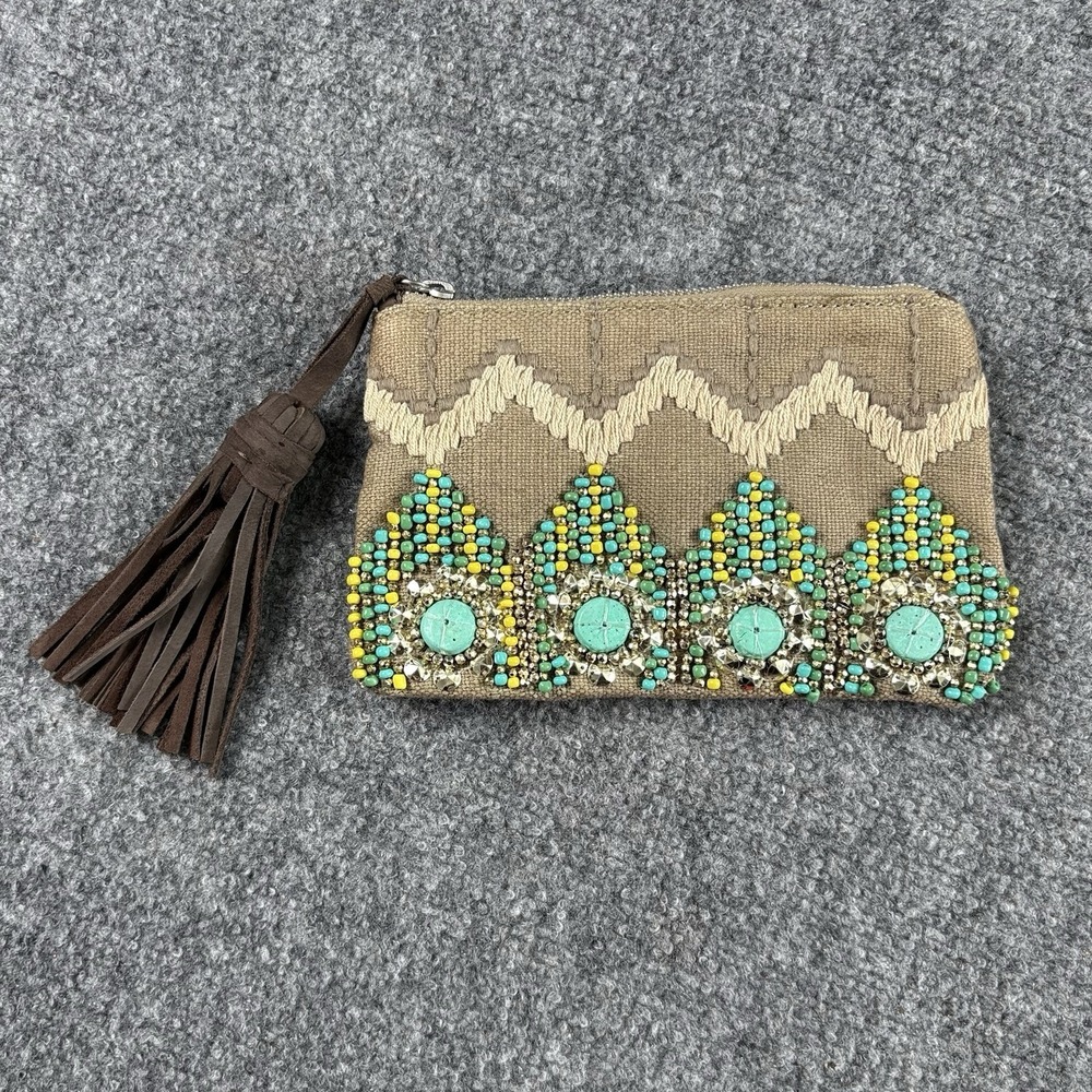 Gap Beaded Clutch Wallet Natural Brown Boho Southwestern Festival Tassel Y2K